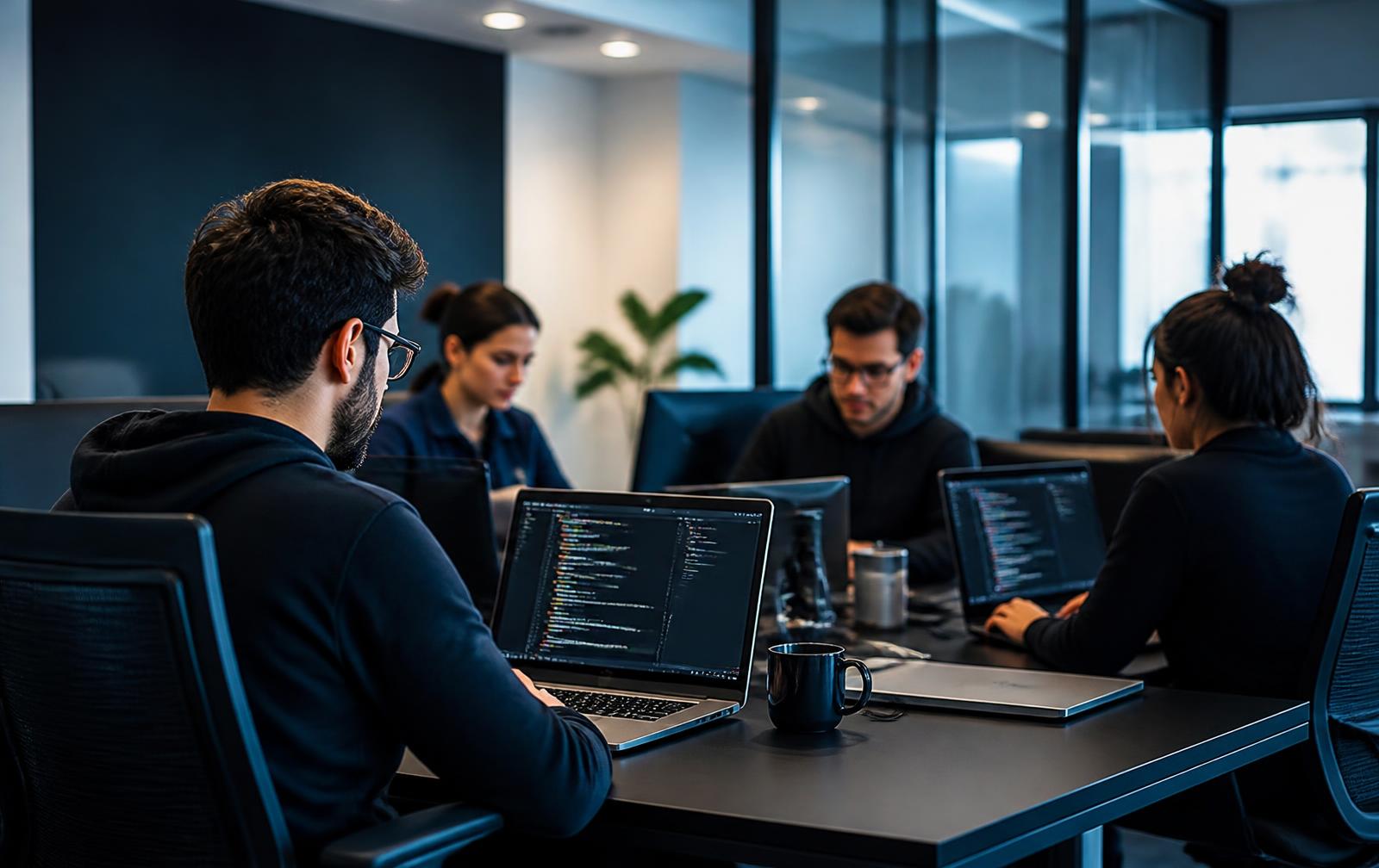 Software developers collaborating on application code in a modern office